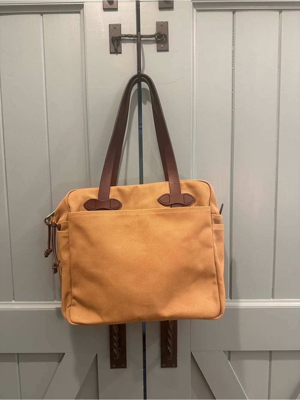 Filson Tan Canvas Laptop Briefcase with Brown Leather Straps